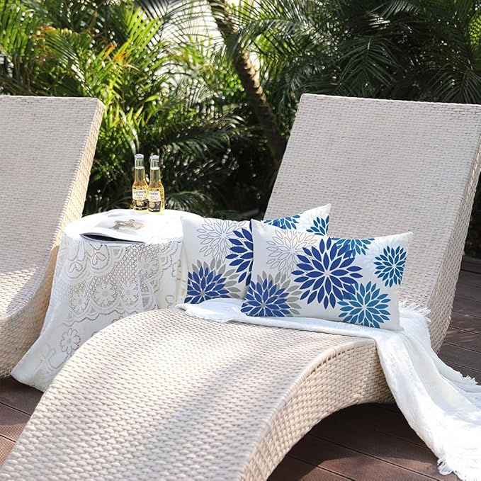 DFXSZ Blue Flower Pillow Covers 12x20 Inch Set of 2 Dark and Light Blue Colored Pillow Outdoor Waterproof Decor for Patio Funiture Garden Summer Floral Square Polyester pillowcovers 002E12