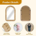 Arched Rattan Wall Mirror – 16x24 Inch Boho Elegance with Woven Frame and Wooden Bead Trim, Decorative Mirror for Bathroom Vanity Entryway Living Room