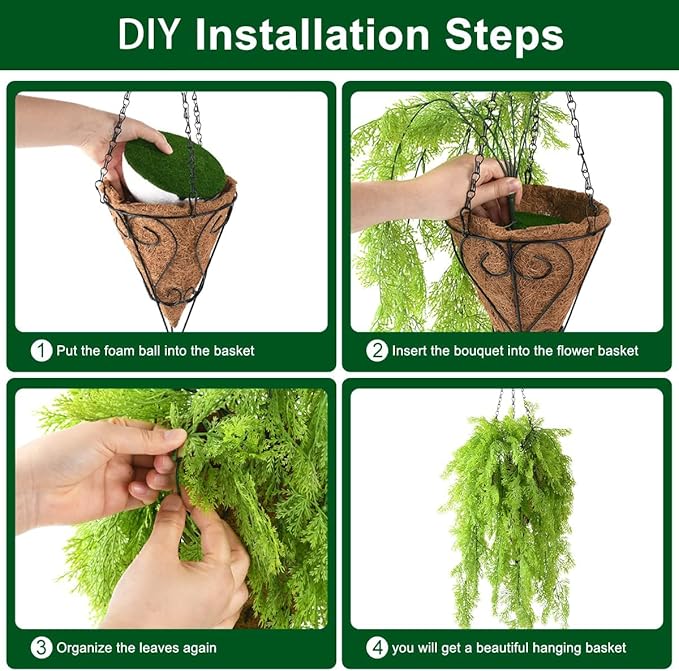 Artificial Faux Hanging Plants Basket for Spring Outdoor Decoration, Fake Seaweed Plant UV Resistant Look Real for Outside Porch Home Patio Balcony Yard(Green)