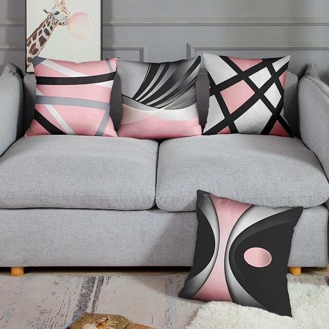 Emvency Set of 4 Soft Pink Throw Pillow Covers Modern Abstract Black Grey Stripes Gray White Acrylic Bold Decorative Pillow Cases Home Decor Square 16x16 Inches Pillowcases