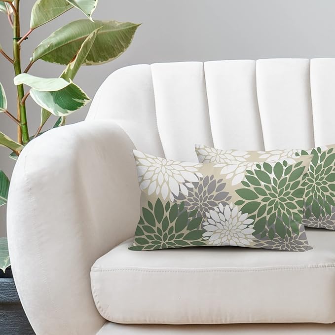 Sage Green White Grey Gray Pillow Covers 12X20 Inch Set of 2, Spring Modern Dahlia Floral Print Decorative Rectangle Throw Pillow Covers Outdoor Farmhouse Cushion Case for Couch Sofa Bed Decor