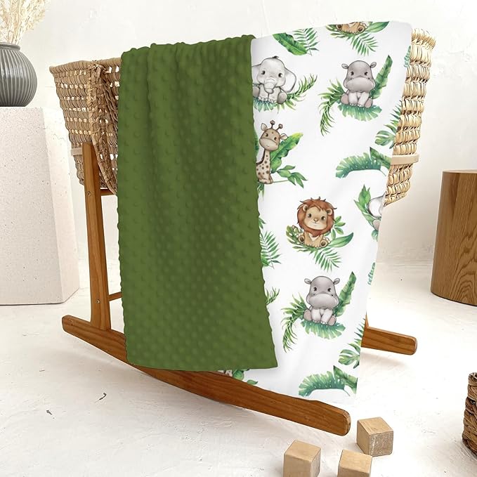 Cute Jungle Safari Animals Green Tropical Leaves Baby Blankets for Girl Boy Lion Giraffe Elephant Zebra Soft Mink Dotted Backing Double Layer Swaddle Blanket Bed Throws for Newborn Toddler Crib 30x40