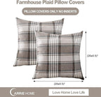 CARRIE HOME Brown Farmhouse Tartan Plaid Pillow Covers 20x20 Set of 2 Winter Linen Pillow Covers for Living Room Couch Sofa