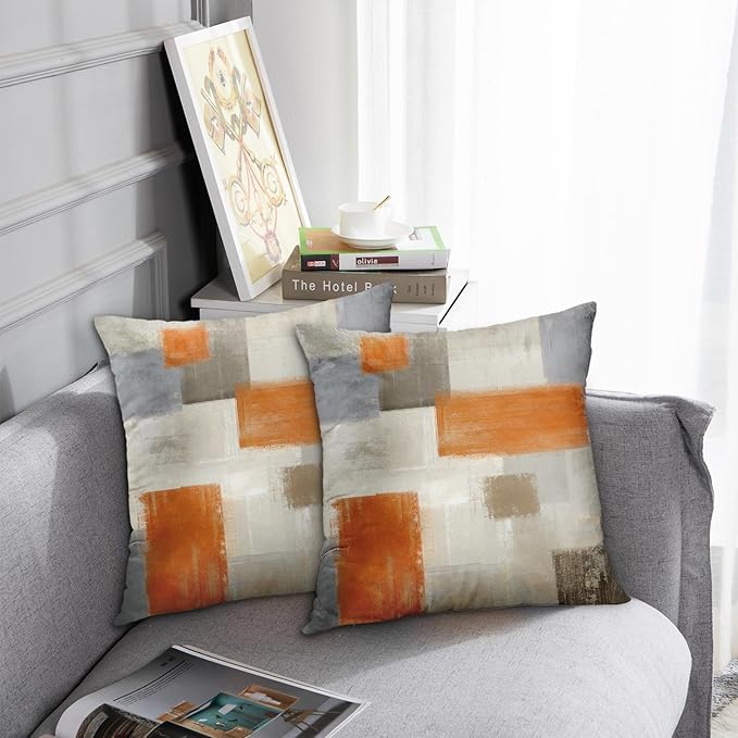 Emvency Set of 2 Orange Beige and Grey Throw Pillow Covers Modern Abstract Painting Decorative Pillow Cases Home Decor Standard Square 16x16 Inches Pillowcases