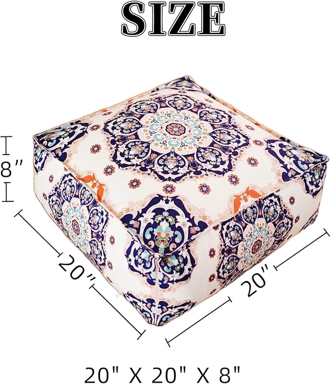 Unstuffed Pouf Cover Ottoman Footrest Bohemian Chenille Foot Stool Floor Bean Bag 20x20x8 Inches for Living Room Bedroom Home Decor (Blue, Square)