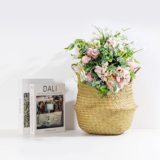 Seagrass Plant Basket with Handles Set of 3 - Woven Belly Basket Planter with Liner for Indoor Plants, Olive Tree, Monstera, Snake Plant, Faux Tree, 8" 9" 10" 12 Inch Pots, Boho Floor Basket