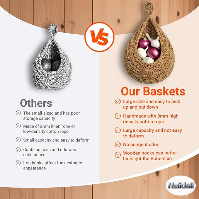 Hanging Fruit Baskets for Kitchen, 3 Pack Boho Cotton Rope Handwoven Vegetable Storage Wall Mounted Large Organizing Basket for Farmhouse Decor, Onion, Potato, Garlic and Plants (Caramel)