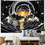 Amhokhui Black and White Tapestry Sun Mountain Tapestry Starry Night Aesthetic Tapestries Trippy River Landscape Tapestries Dark Wall Hanging Decor for Home