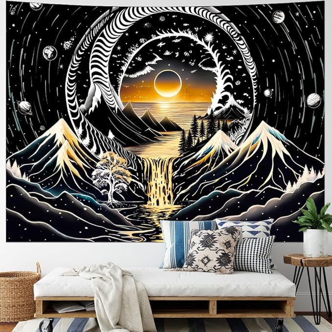 Amhokhui Black and White Tapestry Sun Mountain Tapestry Starry Night Aesthetic Tapestries Trippy River Landscape Tapestries Dark Wall Hanging Decor for Home