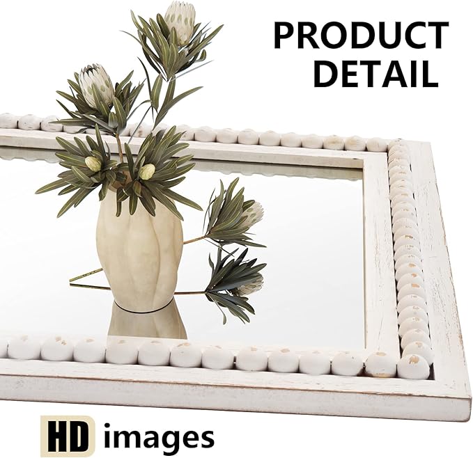 H HOMEWINS Rustic Wooden Mirror,22x30 Inch Farmhouse Boho Bathroom Rectangle Nursery White Beads Decor Wall-Mounted Mirror for Bedroom, Living Room,Vanity,Entryway,Over Sink