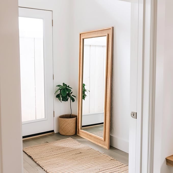Rattan Full Length Mirror, 20"x55" Decorative Long Rattan Floor Mirror, Rectangle Wooden Full Body Mirror with Wicker Frame Hanging for Bathroom Living Dressing Room