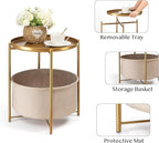danpinera Round Side Table with Fabric Storage Basket, Pack of 2, Metal Side Table Small Bedside Table Nightstand with Removable Tray Top for Living Room, Bedroom, Nursery, Laundry, Gold