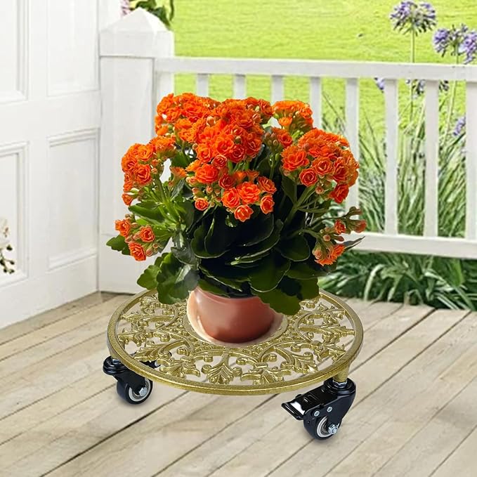 2 Pack 11 Inch Gold Metal Plant Caddy with Wheels, Round Rolling Plant Stand Heavy Duty Indoor Outdoor Planter Dolly, Plant Pot Mover for Large Flower Pots and Planters