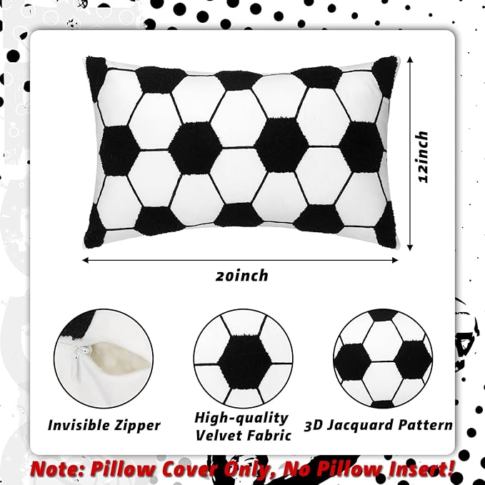 2 Pcs Soccer Ball Velvet Pillow Covers 12 x 20 Inch 3D Tufted Black Soccer Embroidery Sports Theme Decorative Throw Cushion Case for Bedroom Sofa Living Room Couch Chair Home Decor