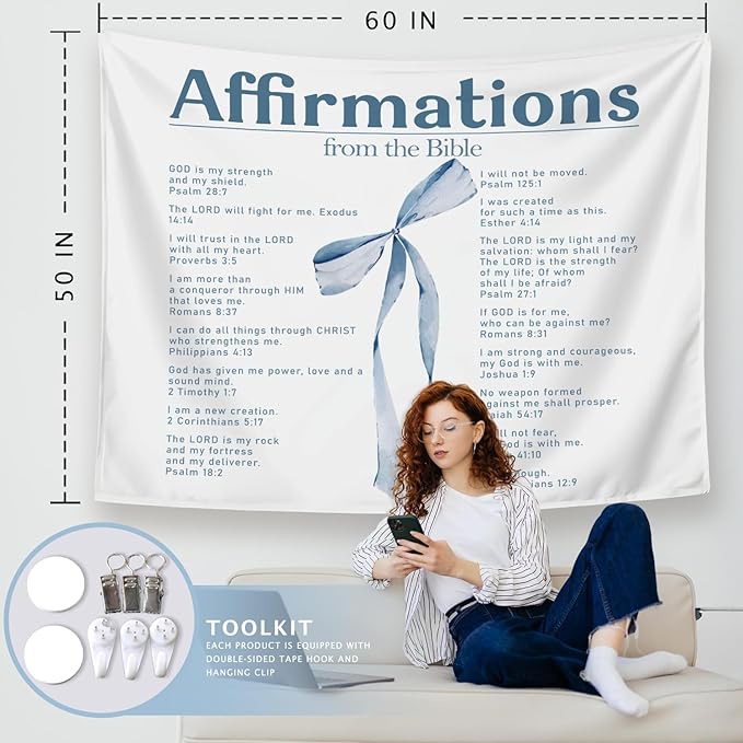 LIANGW Preppy Blue Bow Christian Tapestry, Bible Bow Aesthetic for Girls Bedroom for Dorm Room，Inspirational Christian Tapestries for Women, Faith - Based Blue Room Decor Aesthetic 50x60 inch