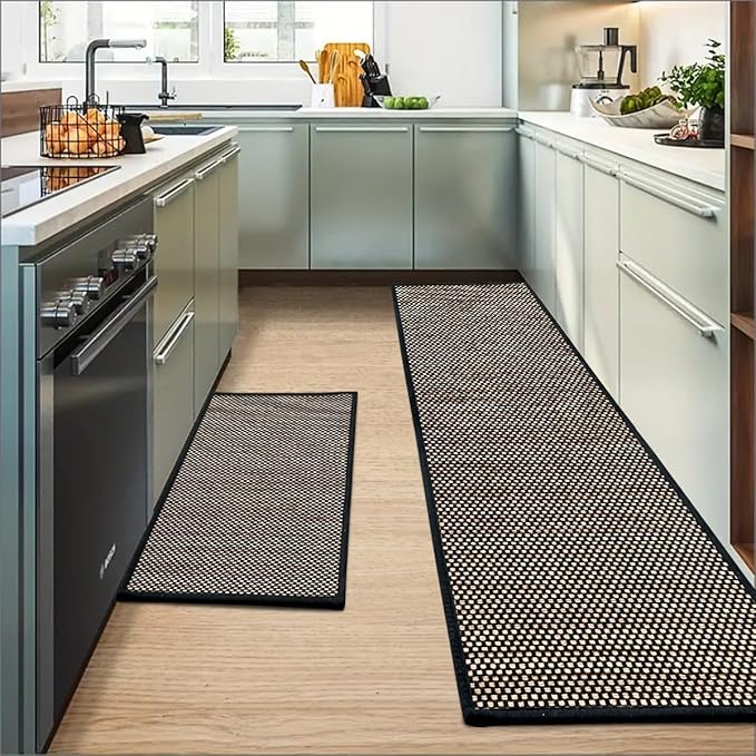 Artoid Mode Washable Non-Skid Kitchen Rugs and Mats Set of 2, Rubber Backing Home Decor Kitchen Mats for Floor Front of Sink Black - 17x29 and 17x60 Inch