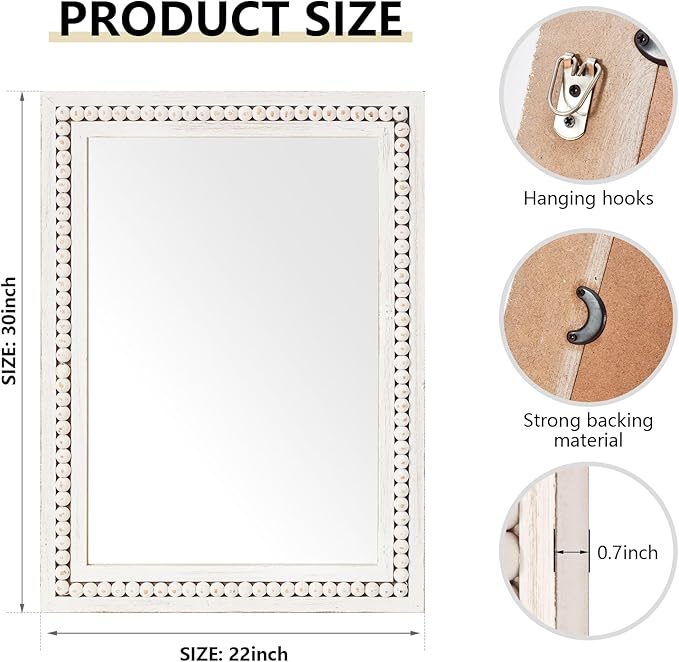 H HOMEWINS Rustic Wooden Mirror,22x30 Inch Farmhouse Boho Bathroom Rectangle Nursery White Beads Decor Wall-Mounted Mirror for Bedroom, Living Room,Vanity,Entryway,Over Sink