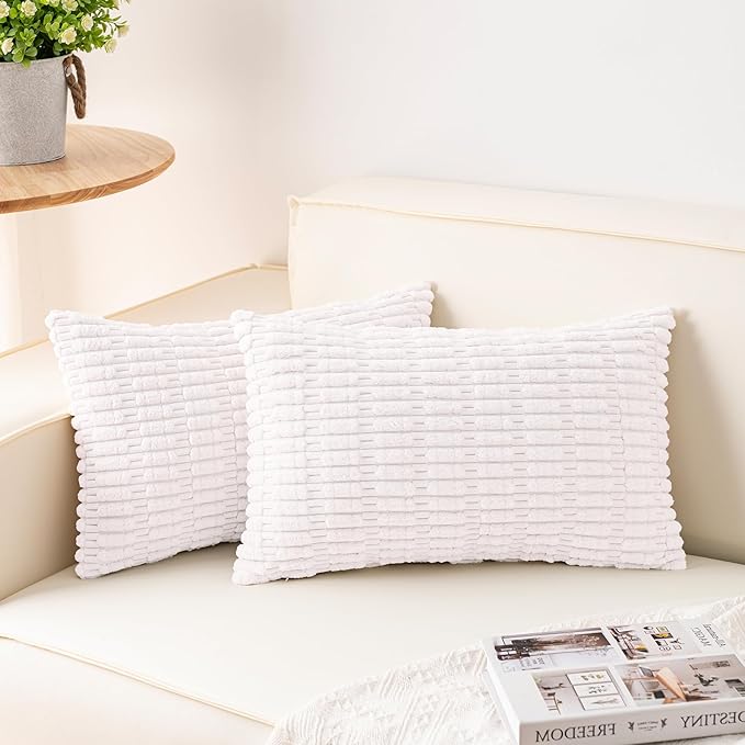 Pack of 2 Corduroy Decorative Throw Pillow Covers 12x20 Inch Soft Striped Pillow Covers Modern Farmhouse Home Decor for Sofa Living Room Couch Bed（White）