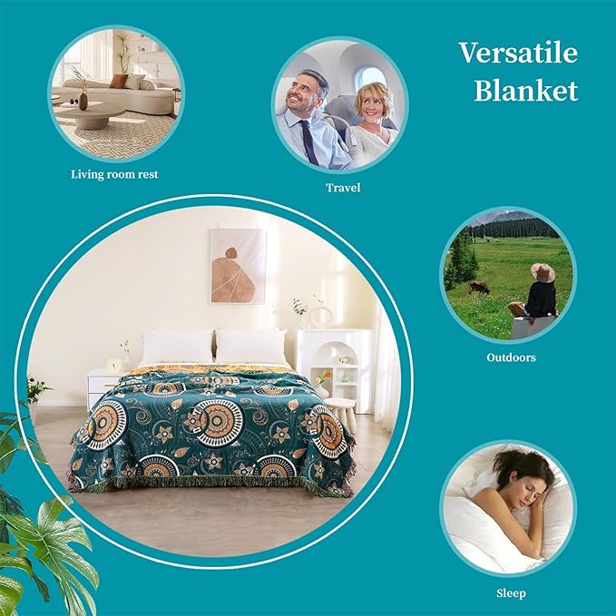 Boho Throw Blanket for Bed 100% Cotton Ultra Soft Rustic Quilt Spring Blanket- Farmhouse Decor Bed Fall Blanket,All Season Rustic Throw for Sofa Couch Chair (Boho-Floral-O, 80"×90")