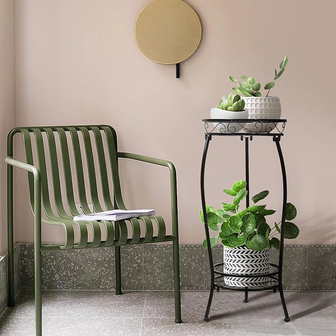 Plant Stand Indoor Outdoor 2 Tier 27" Tall Metal Potted Holder Rack Flower Pot Stand Heavy Duty Plant Shelf Rustproof Iron Multiple Plant Round Supports Rack for Planter Corner Garden