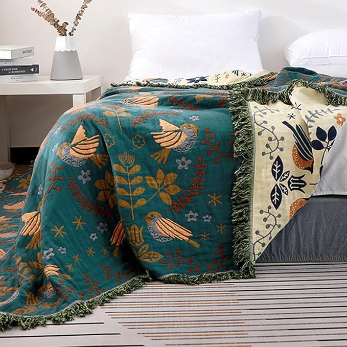 King Throw Blanket for Bed Couch,100% Organic Cotton Reversible Soft Quilt, Birds and Floral Breathable Lightweight Blankets,90"×108" Extra Large Sofa Throws for 3 4 Seater with Tassels,Teal