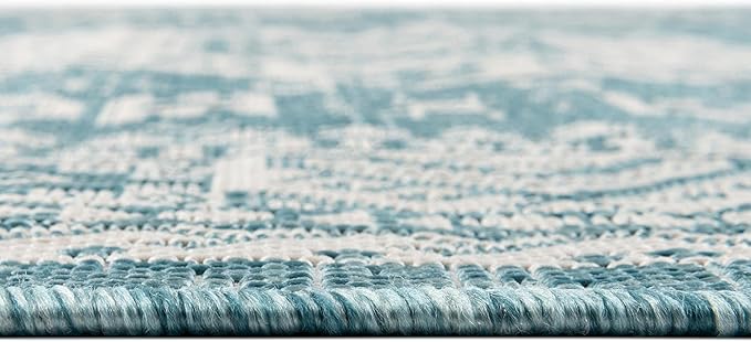 Rugs.com Outdoor Aztec Collection Rug – 5 Ft Round Aqua Flatweave Rug Perfect for Kitchens, Dining Rooms
