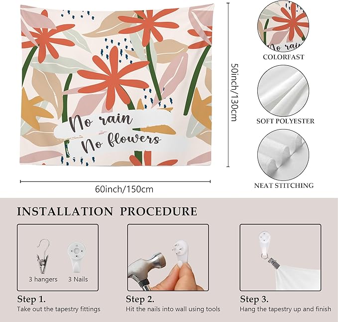 MNOSAIOO Boho Floral Spring Wall Tapestry Hanging for Classroom, Inspirational No Rain No Flower Tapestry, Cute Nursery Tapestries Wall Decor for Bedroom Therapy Girly Room Kids 60x50 inch