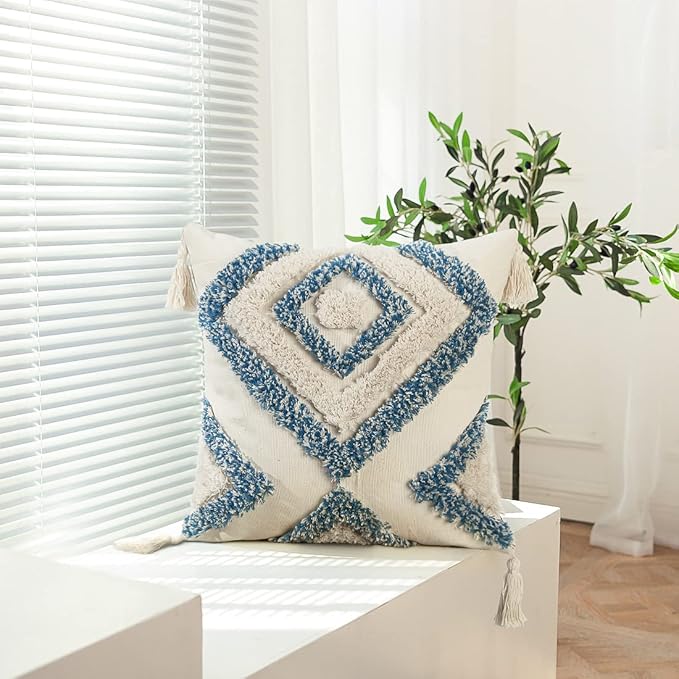 JASEN Blue and Beige Boho Decorative Throw Pillow Cover, Woven Tufted Pillow Cover with Tassels Diamond Pattern Pillow Covers 18x18 for Couch Sofa Bedroom Living Room(No Pillow Insert
