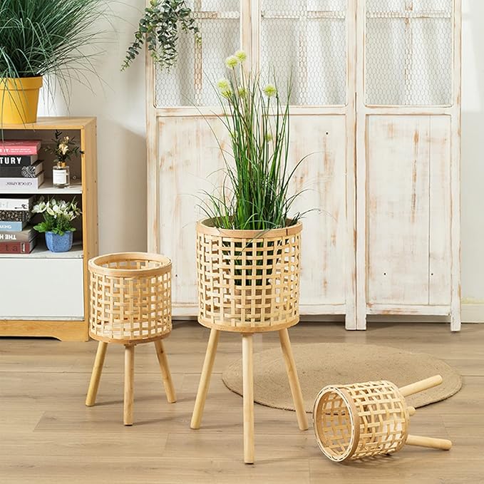 Bamboo Plant Stand,Handmade Woven Plant Stand with Removable Legs,Boho Plant Stand Tall Planters for Indoor Outdoor Plants(Khaki,M)