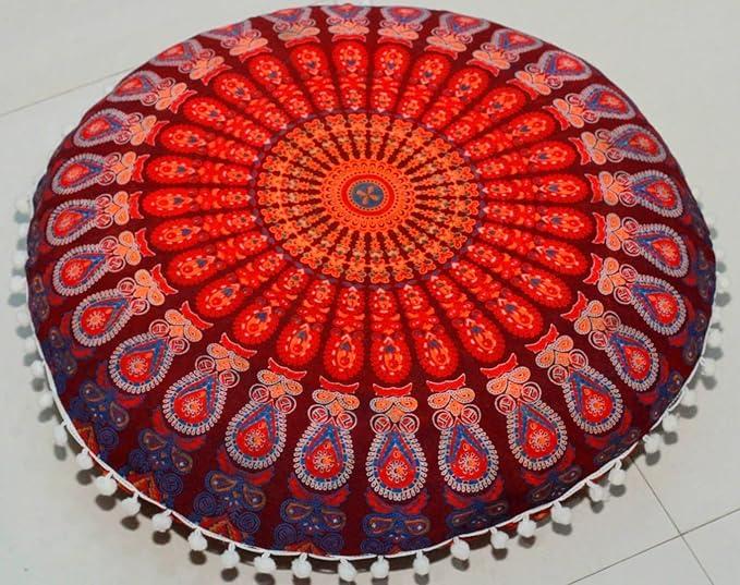 CRAFT KALA Round Mandala Boho Pillow Cover Meditation India Room Seating Poufs Cover for Living Room Yoga Room Home Décor Bedroom Balcony Garden Decoration Cotton Floor Cushion Cover 22" Maroon Mirchi