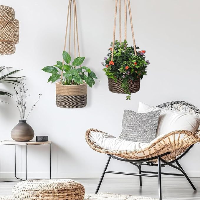 Hanging Planter Basket Jute Rope Woven Plant Hangers 2 Pack Jute Rope Hanging Basket Woven Storage Organizer Home Decor (2, Coffee Color)