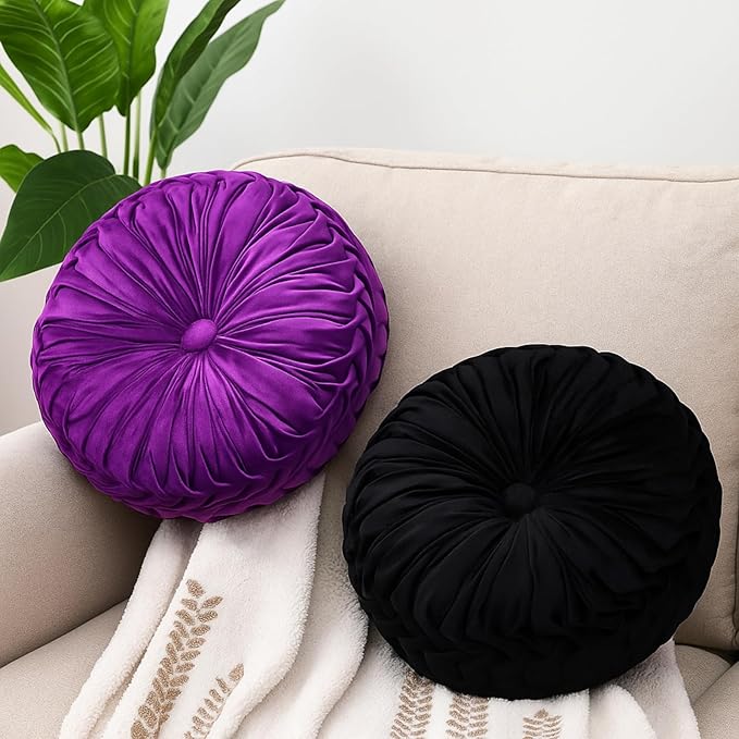 2 Pcs Round Throw Pillows 15 Inch Decorative Velvet Pleated Pumpkin Pillows Boho Floor Pillow with Center Button for Living Room Couch Chair Bed Sofa Home Decoration (Black and Purple)