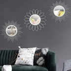 3 Pack Metal Mirrors for Wall Sunburst Wall Mirrors Home Décor Decorative Hanging Wall Art for Living Room Bedroom Entryway (Silver, Flower+Sunburst)
