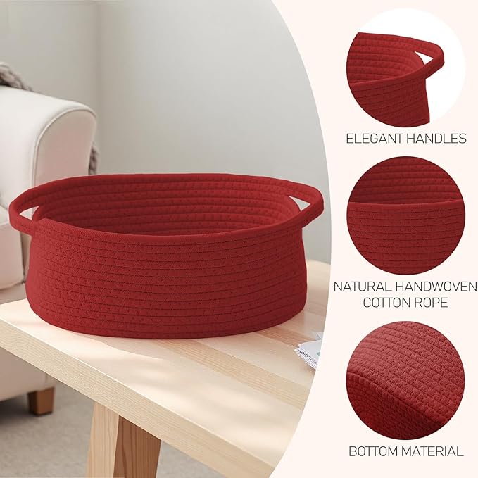 Woven Basket,Small Rope Storage Bin with Handles & Ribbon Bag, Organizer for Shelves Closets,Gift Basket Empty for Birthday,Books,Dog Toys, Red/3 Pack