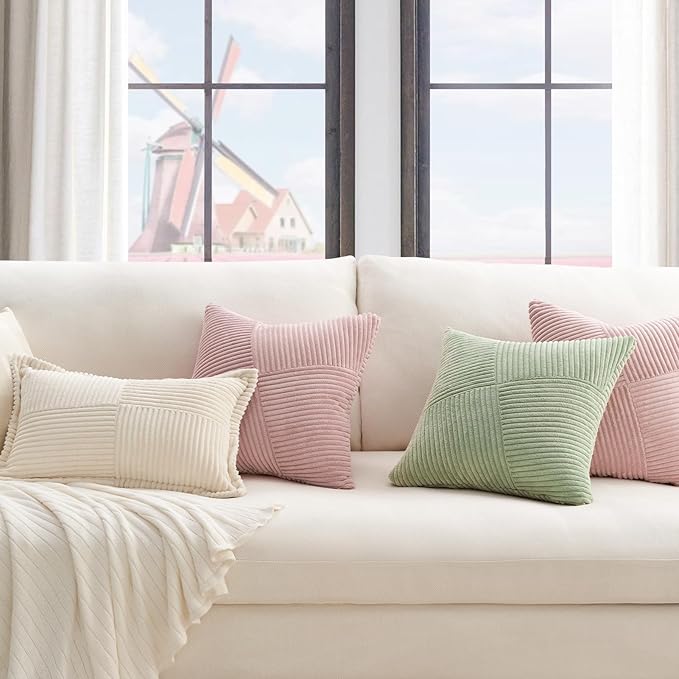 Topfinel Set of 2 Pink Decorative Yellow Throw Pillow Covers 18x18 Inch for Couch Sofa Bed, Farmhouse Boho Rustic Home Decor,Soft Corduroy Windmill Textured Striped Patchwork Cushion Cases