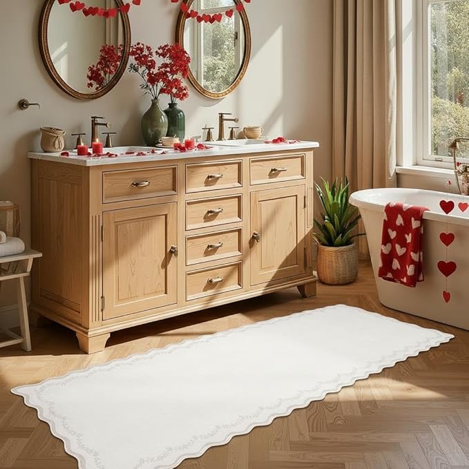 GarveeHome 2.6x10 Scalloped Washable Runner Rug for Kitchen, Soft Beige Long Hallway Runner Non Slip Entryway Rug Farmhouse Thin Laundry Mat Stain Resistant Carpet for Bathroom Beside Rug