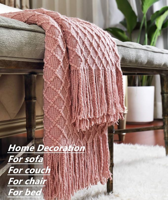 CREVENT Light Blush Pink Knit Throw Blanket for Couch Sofa Chair - Soft and Decorative for Spring Summer (50''X60'' Dusty Pink/Pale Pink)