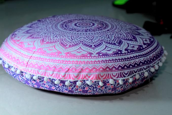 CRAFT KALA Round Mandala Boho Pillow Cover Meditation India Room Seating Poufs Cover for Living Room Yoga Room Home Décor Bedroom Balcony Garden Decoration Cotton Floor Cushion Cover (22", Pink Ombre)