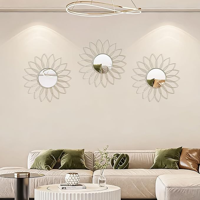 3 Pack Metal Mirrors for Wall Sunburst Wall Mirrors Home Décor Decorative Hanging Wall Art for Living Room Bedroom Entryway (Silver2, Flowers)