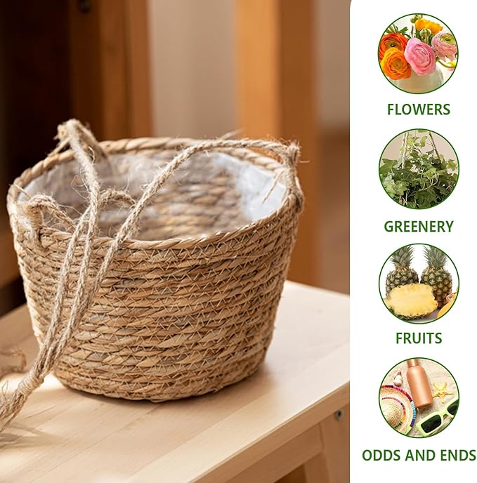 8-Inch Small-Caliber Woven Jute Hanging Planter – Seagrass Plant Basket, Decorative Hanging Plant Holder, Ideal for Home Décor and Storage