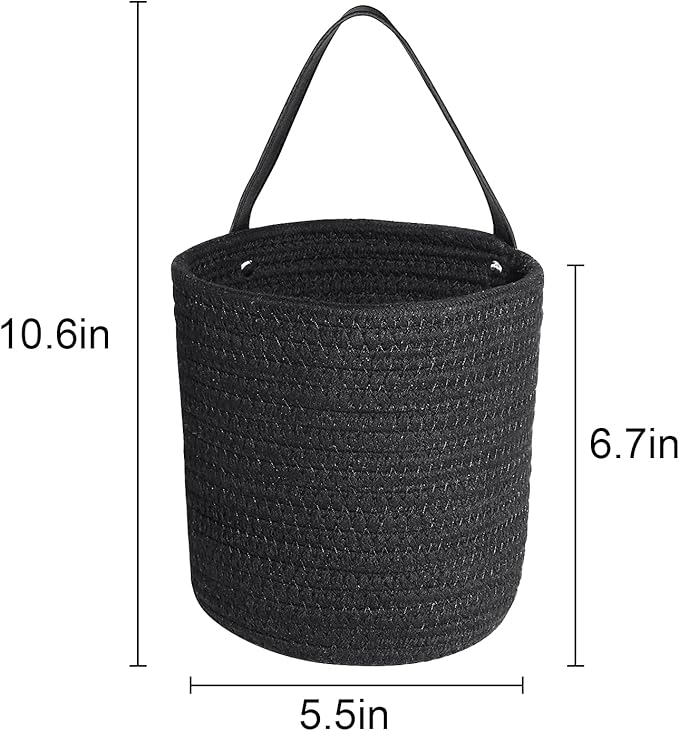 2pcs of Black Hemp Rope Hanging Basket-10.6" x 5.5" Hanging Woven Wall Basket Set with Leather Handles,Wall Mounted Woven Hanging Basket Storage,Shelf Basket Organizer for Plants