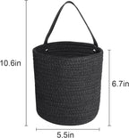 2pcs of Black Hemp Rope Hanging Basket-10.6" x 5.5" Hanging Woven Wall Basket Set with Leather Handles,Wall Mounted Woven Hanging Basket Storage,Shelf Basket Organizer for Plants