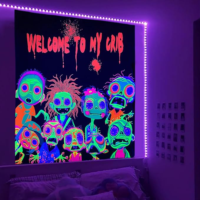 Blacklight Horror Tapestry Spooky Halloween Backdrop Ghost Face Banner Halloween Decorations Indoor Outdoor Horror Wall Art UV Reactive Tapestry Glow in the Dark Party Backdrop for Bedroom 29” x 37”