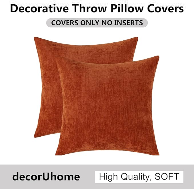 decorUhome Chenille Rust Throw Pillow Covers 20x20 Inch Set of 2, Decorative Soft Couch Pillow Covers Solid Dyed Accent Farmhouse Neutral Square Pillow Cases for Sofa