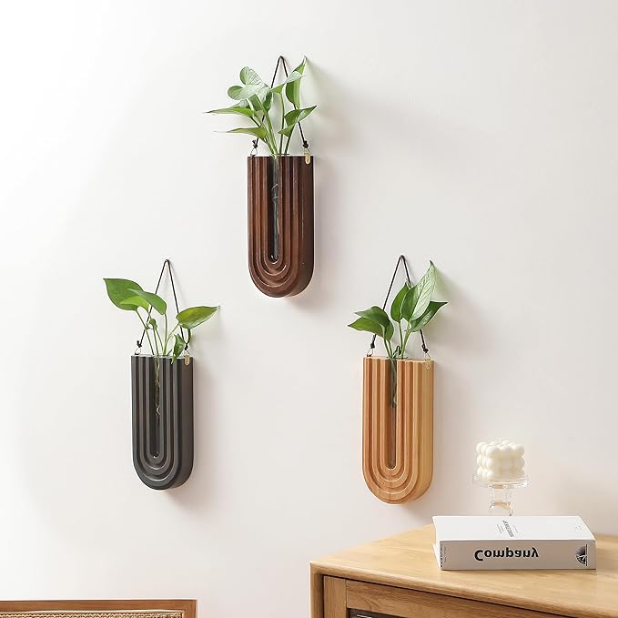 Wood Wall Planter Indoor, Propagation Station, Wooden Hanging Vase for Dried Flowers, Plant Holder, Boho Wall Décor for Living Room Rainbow U Shape (Set of 3)