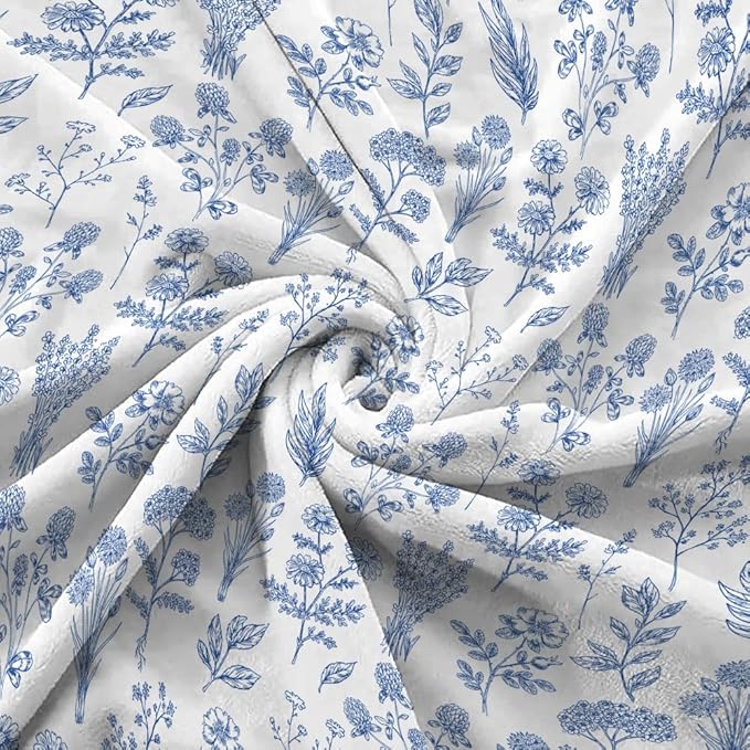Floral Fuzzy Blanket Blue Floral Throw Blanket, Botanical Flowers Blankets, Soft, Flannel, Warm, Boho Flowers Bed Blankets All Season for Couch Bedroom Living Room 50X60 Inch