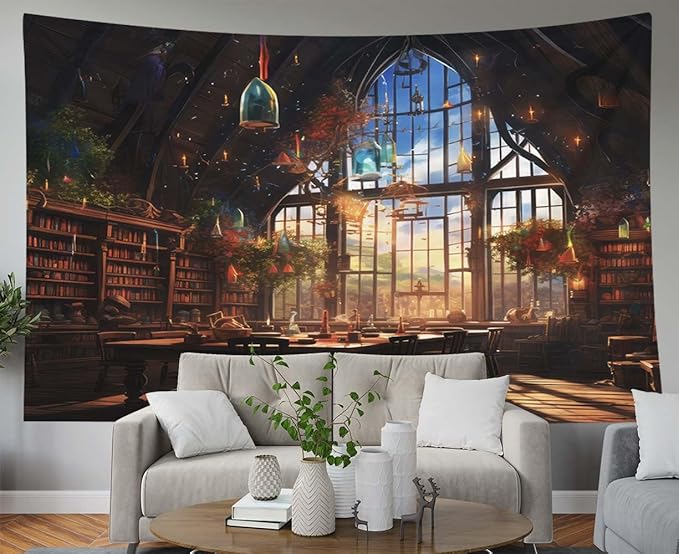 EMMTEEY Fantasy Library Wall Tapestry for Bedroom 60X50 Inch - Bookshelf Wall Decor Vintage Dark Academia Backdrop for Living Room Dorm