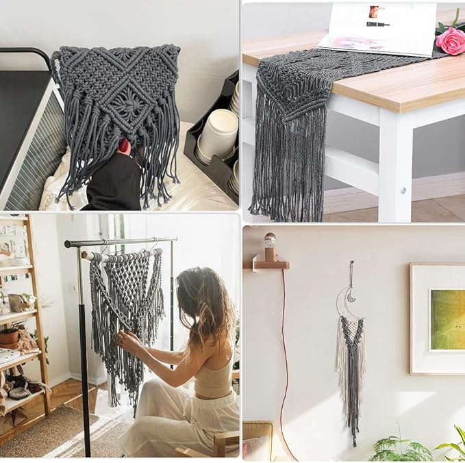 Tenn Well Gray Macrame Cord, 165 Feet 5mm Wide Braided Cotton Rope for Macrame Plant Hangers, Wall Hangings, Drawstring, DIY Crafts