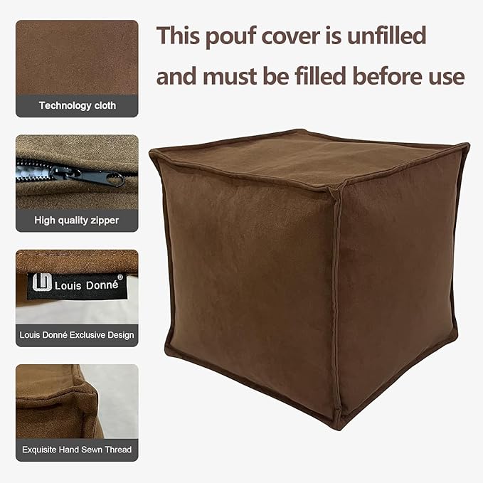 Louis Donné Storage-Friendly Unstuffed Pouf Ottoman Cover Microfiber Foot Rest for Living Room, Bedroom, Coffee Nook, Soft Durable Square Bean Bag Cushion Replacement (Brown, Only Cover)