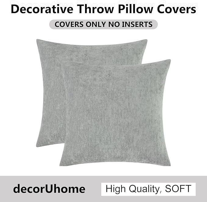 decorUhome Chenille Grey Spring Throw Pillow Covers 18x18 Inch Set of 2, Decorative Soft Couch Pillow Covers Solid Dyed Accent Farmhouse Neutral Square Pillow Cases for Sofa